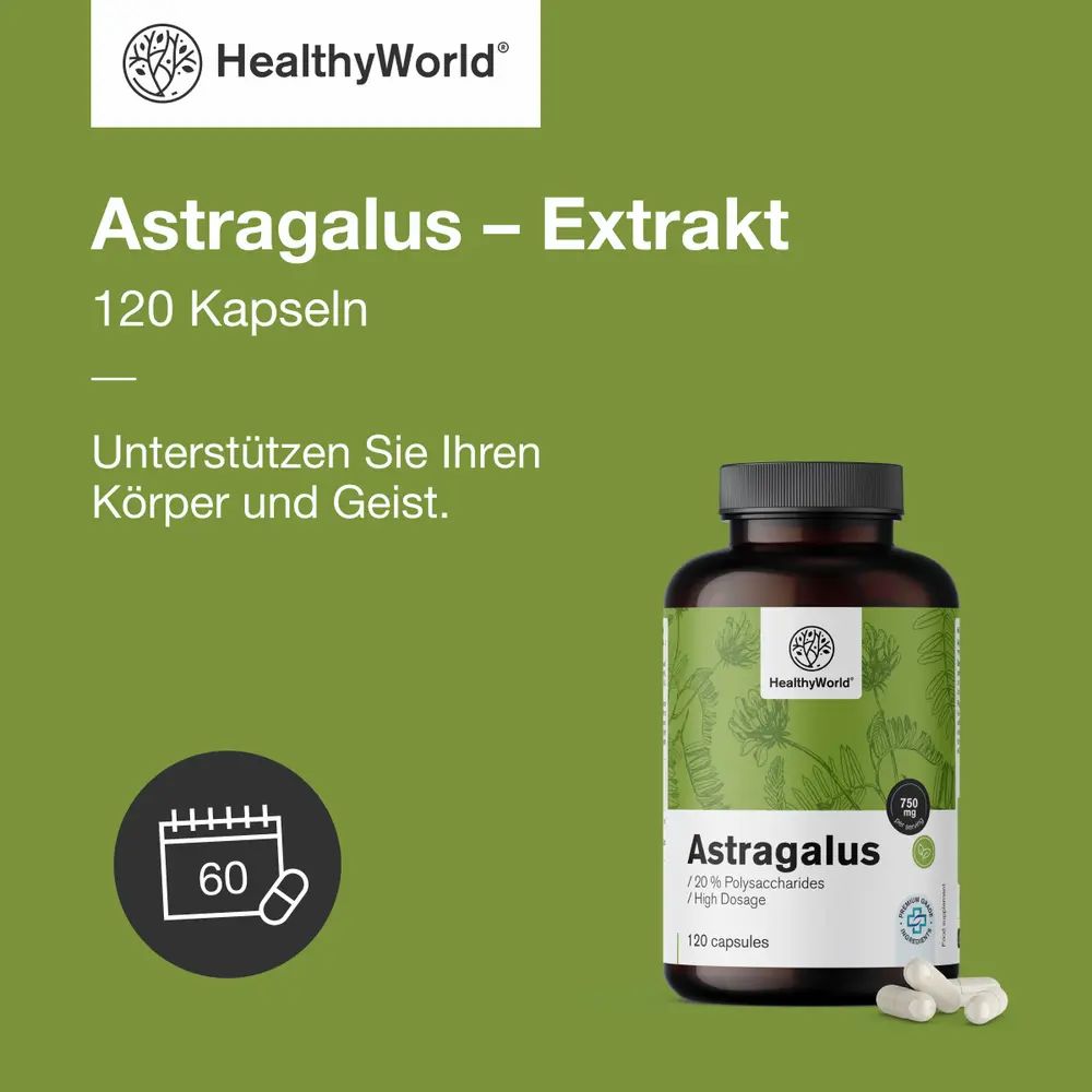 Flasche mit Astragalus-Kapseln. Text: Astragalus Extrakt, 120 Kapseln. 60 Kapseln-Symbol.