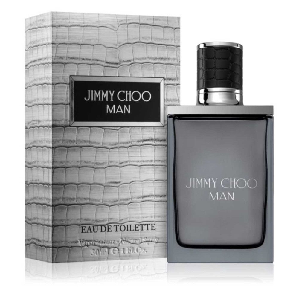 Flakon und Verpackung von Jimmy Choo Man Eau de Toilette. Graue Flasche, silberner Deckel, Schriftzug.