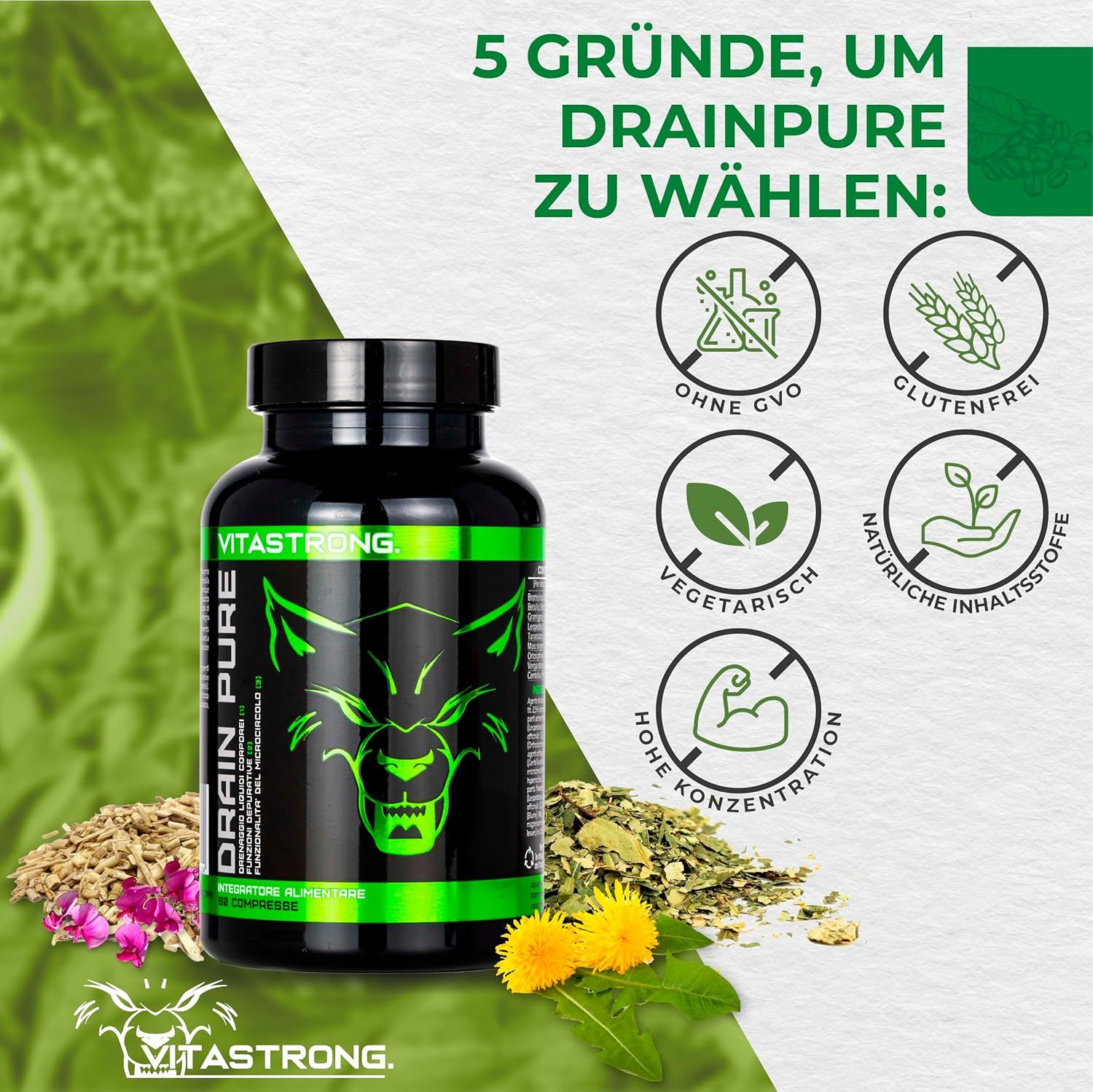 Vitastrong Drainpure. Schwarze Flasche mit 60 Tabletten. 5 Gründe zur Wahl. Ohne GVO, glutenfrei, vegetarisch, natürliche Inhaltsstoffe.
