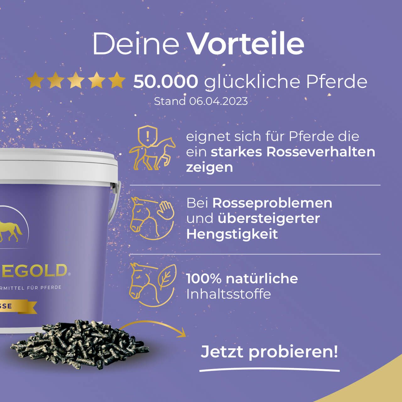 Pferdegold Rosse Eimer mit Text über Vorteile, 50.000 glückliche Pferde, Eignung für Rosseverhalten und natürliche Inhaltsstoffe.