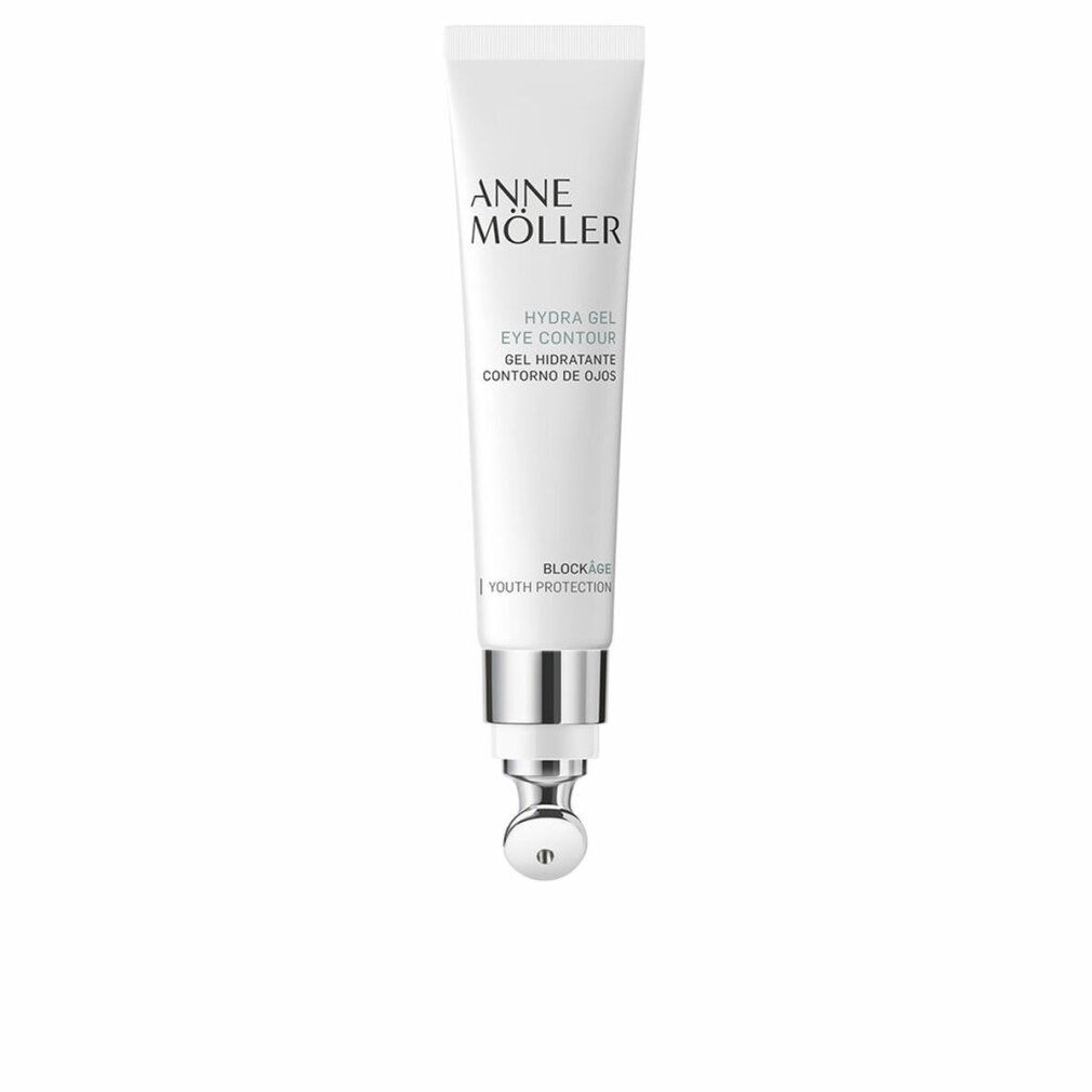 Weiße Tube mit silbernem Applikator. Aufschrift: Anne Möller, Hydra Gel Eye Contour. Mit Roll-on-Kopf.