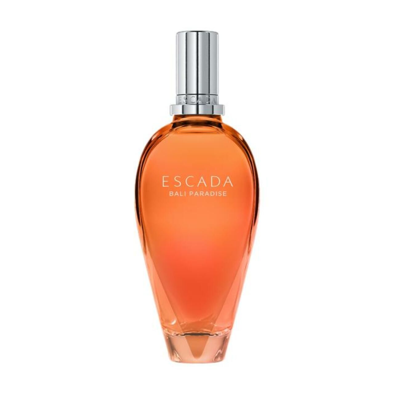 Orangefarbene Flasche mit silbernem Verschluss. Aufschrift: ESCADA BALI PARADISE.