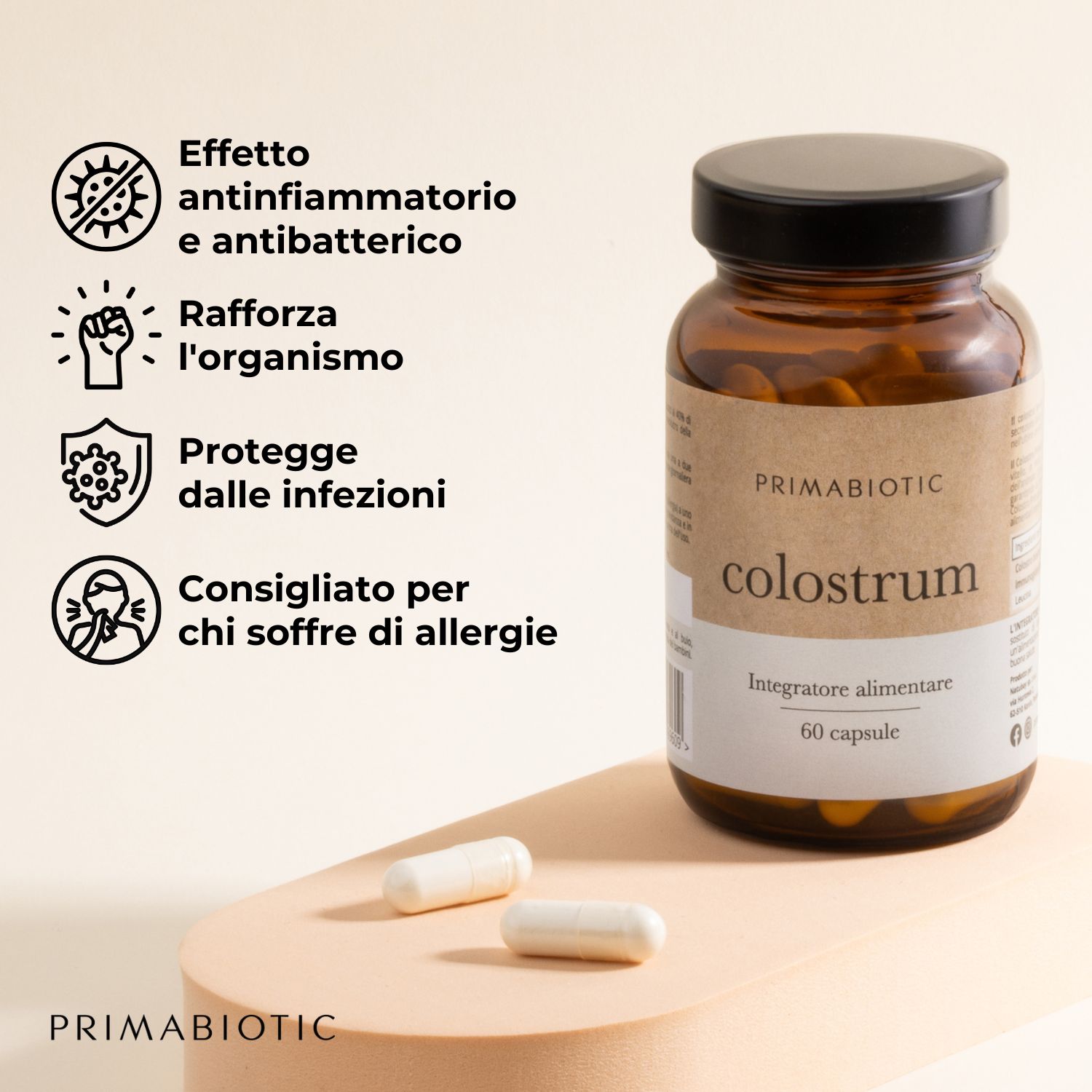 Flacone con capsule. Testo: Primabiotic, Colostrum. Scritta: 60 capsule. Capsule accanto.