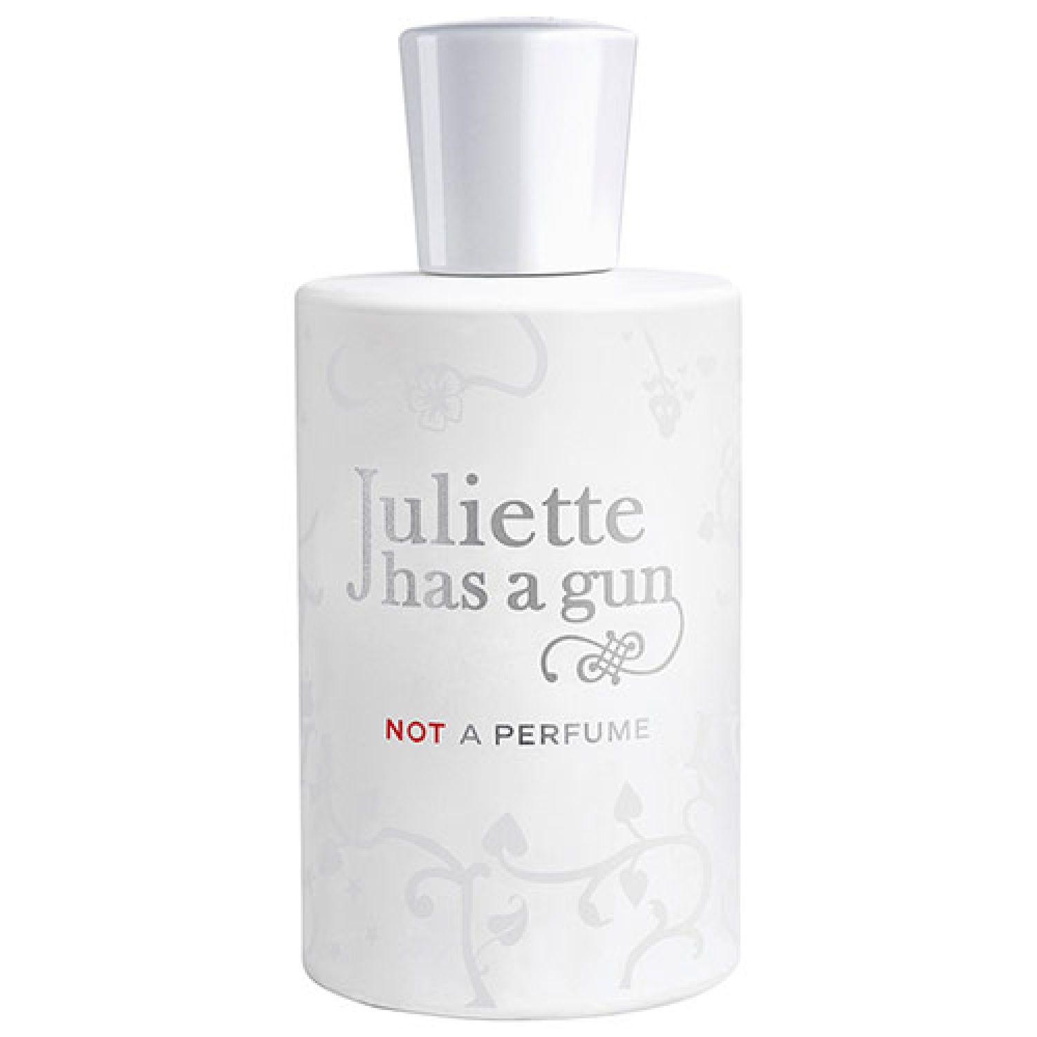 Weißer Flakon mit weißem Verschluss. Aufschrift: Juliette has a gun, Not a Perfume. Floral Muster.