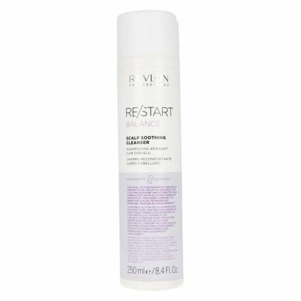 Zylindrische Flasche mit weißem Deckel. Aufschrift: RE/START BALANCE, Scalp Soothing Cleanser. 250 ml/8.4 Fl Oz.