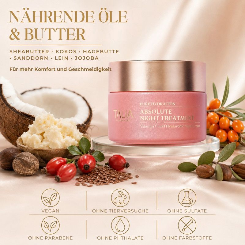 Talia Absolute Night Treatment in einem rosa Tiegel.