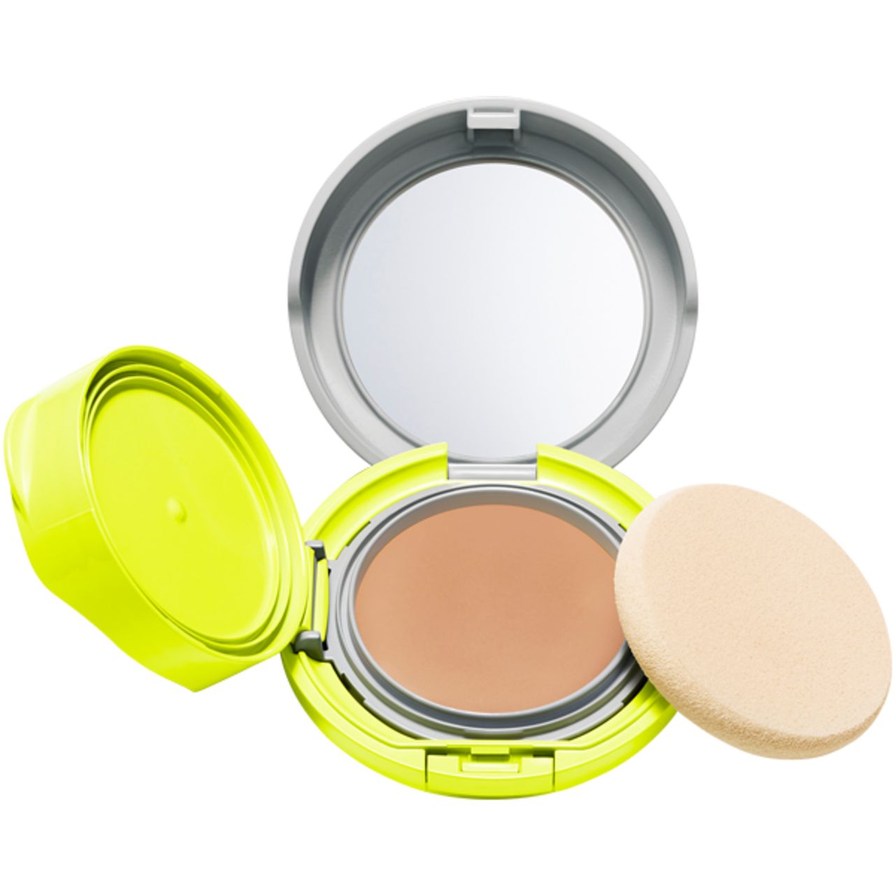 Kompakt-Make-up mit Spiegel und Schwamm. Gelb-graues Gehäuse, offene Ansicht.