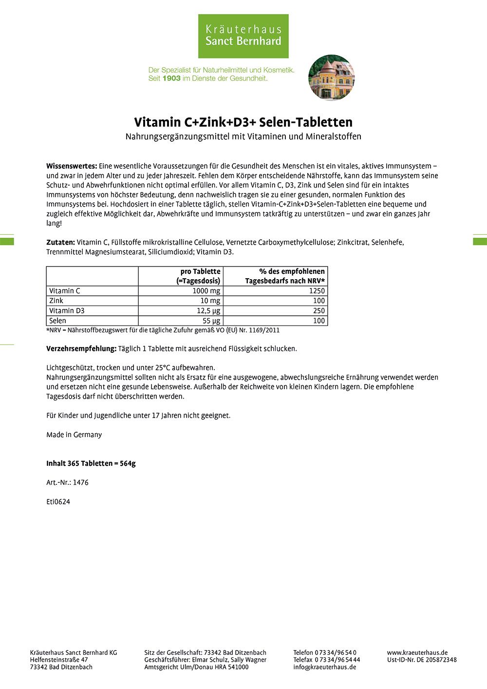 Sanct Bernhard Vitamin C+Zink+D3+Selen-Tabletten 365 St Tabletten