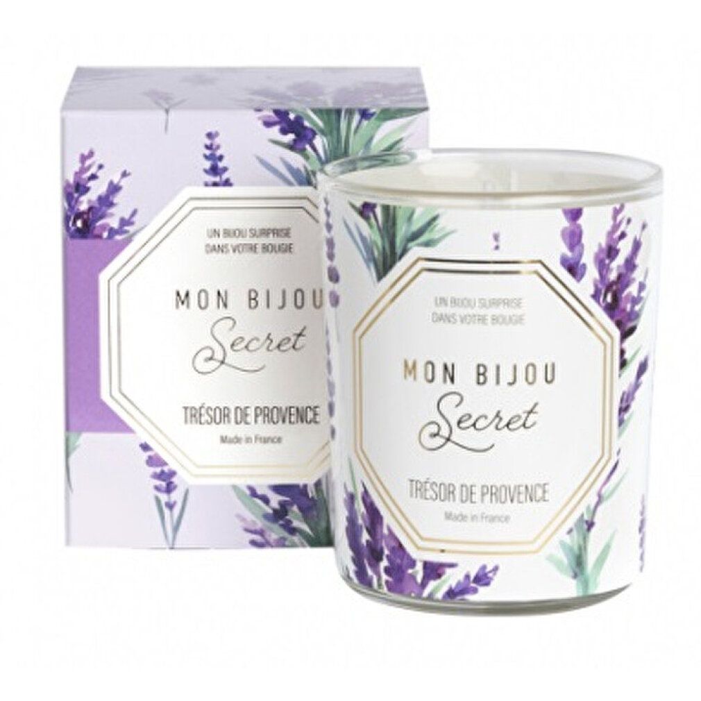Kerze mit Lavendel-Dekor und Verpackung. Aufschrift: Mon Bijou Secret, Trésor de Provence. Verpackung mit Lavendel-Motiv.