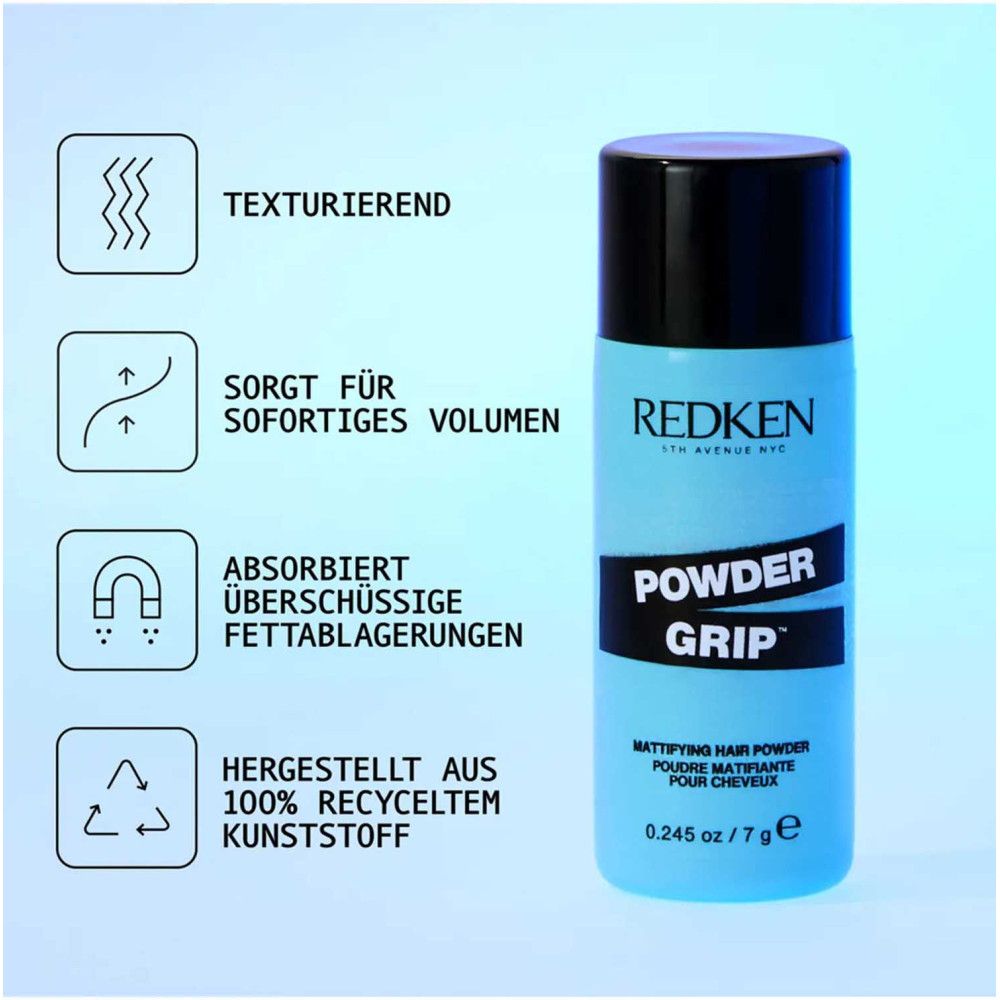 Türkisfarbene Flasche mit schwarzem Deckel. Redken Powder Grip. Text: Mattifying Hair Powder. 0.245 oz / 7 g.