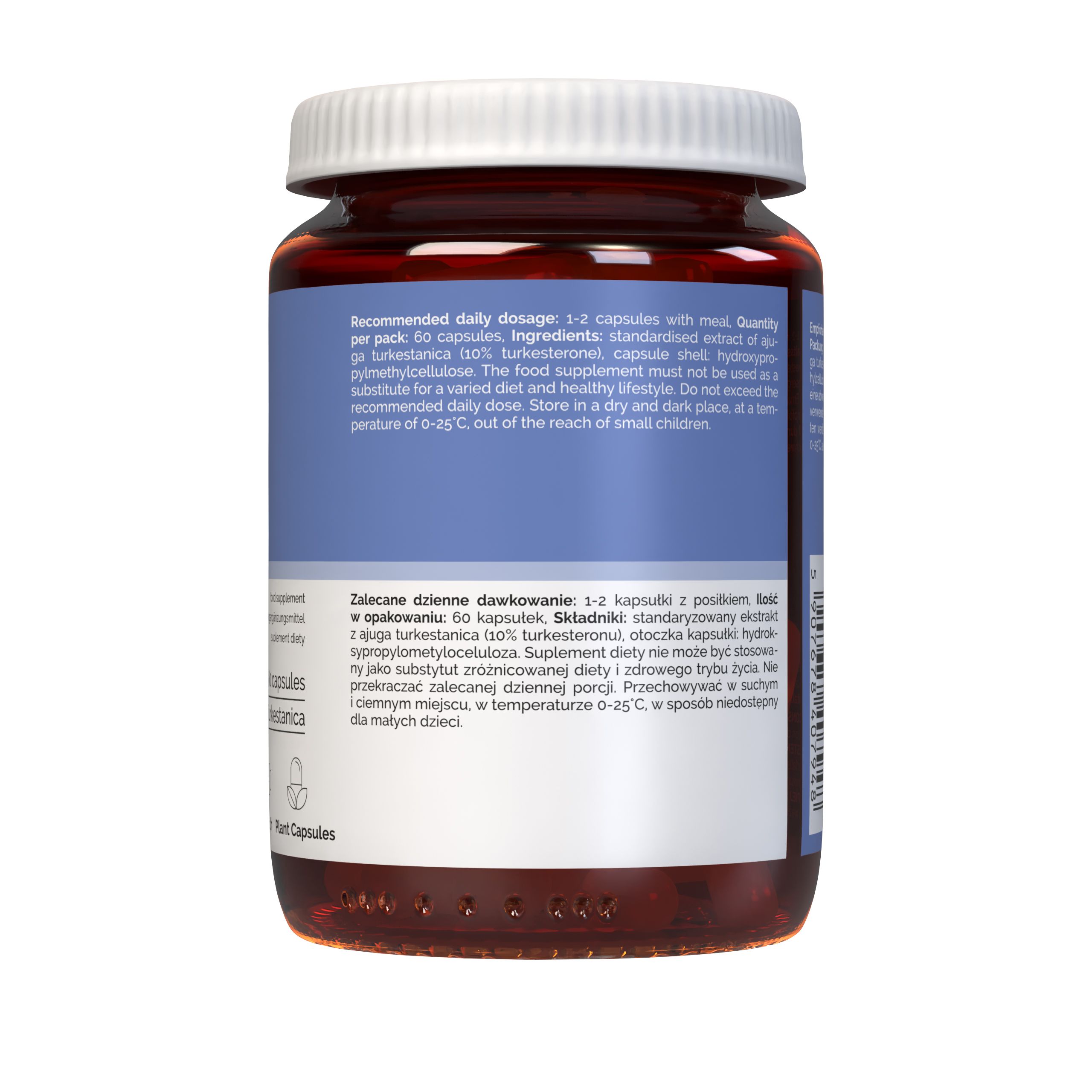 Rückseite einer Vitaler's Turkesterone Dose mit Einnahmeempfehlungen und Inhaltsstoffen.