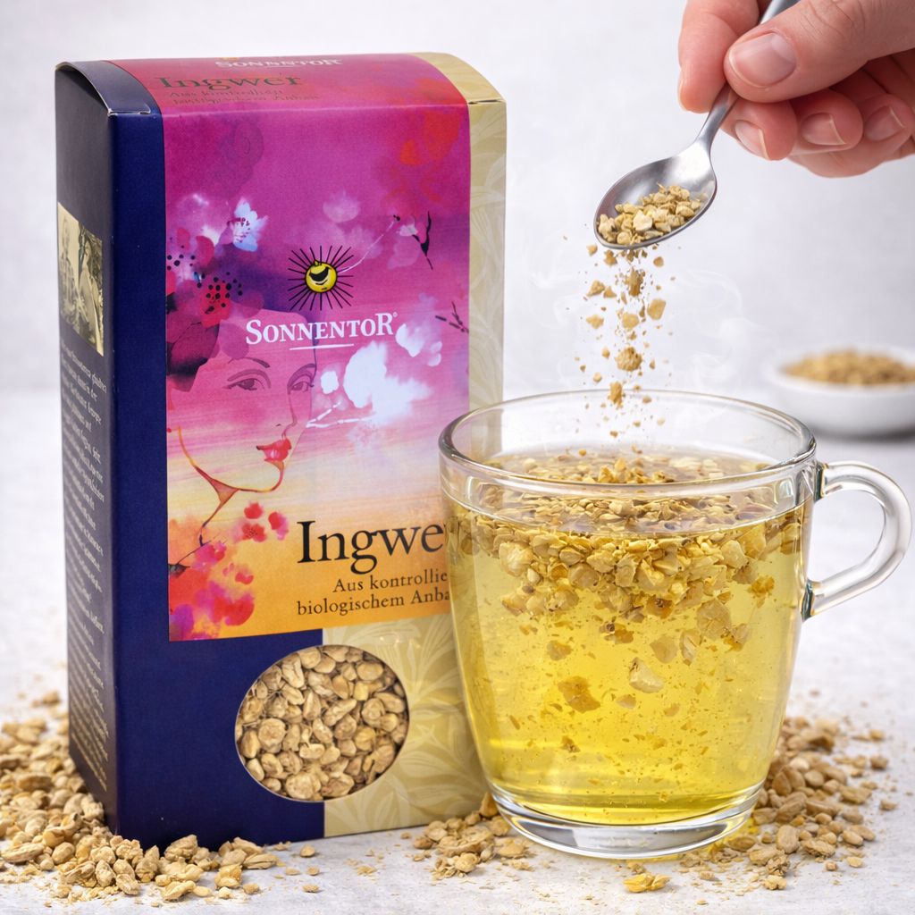 Sonnentore Ingwer lose Bio Tee in einer Tasse und Packung, daneben eine Löffelportion.