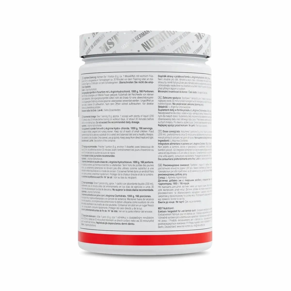 Rückseite einer weißen Dose. Etikett mit Text in mehreren Sprachen. Aufschrift: MST, 1000g.