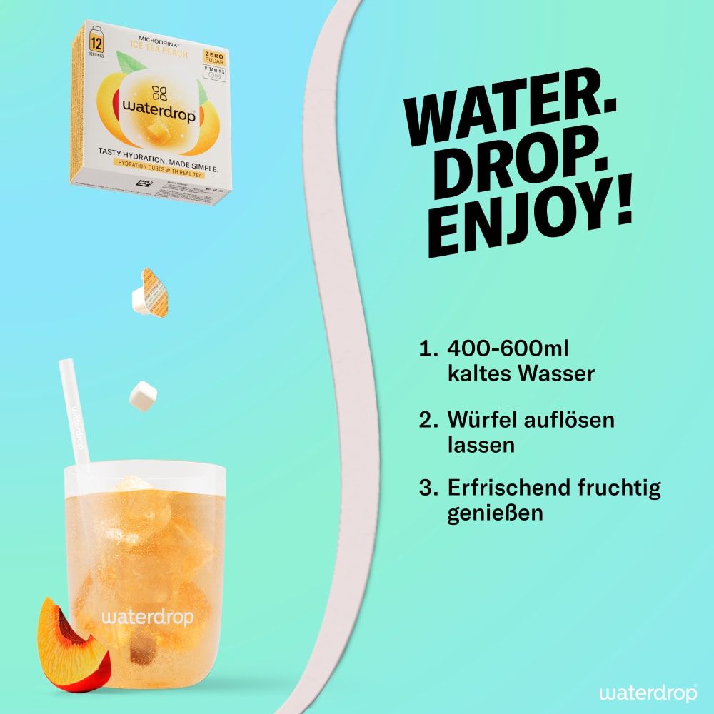 Glas mit Getränk und Pfirsichstück. Anweisungen: Wasser, Würfel auflösen, genießen. waterdrop®-Würfel.