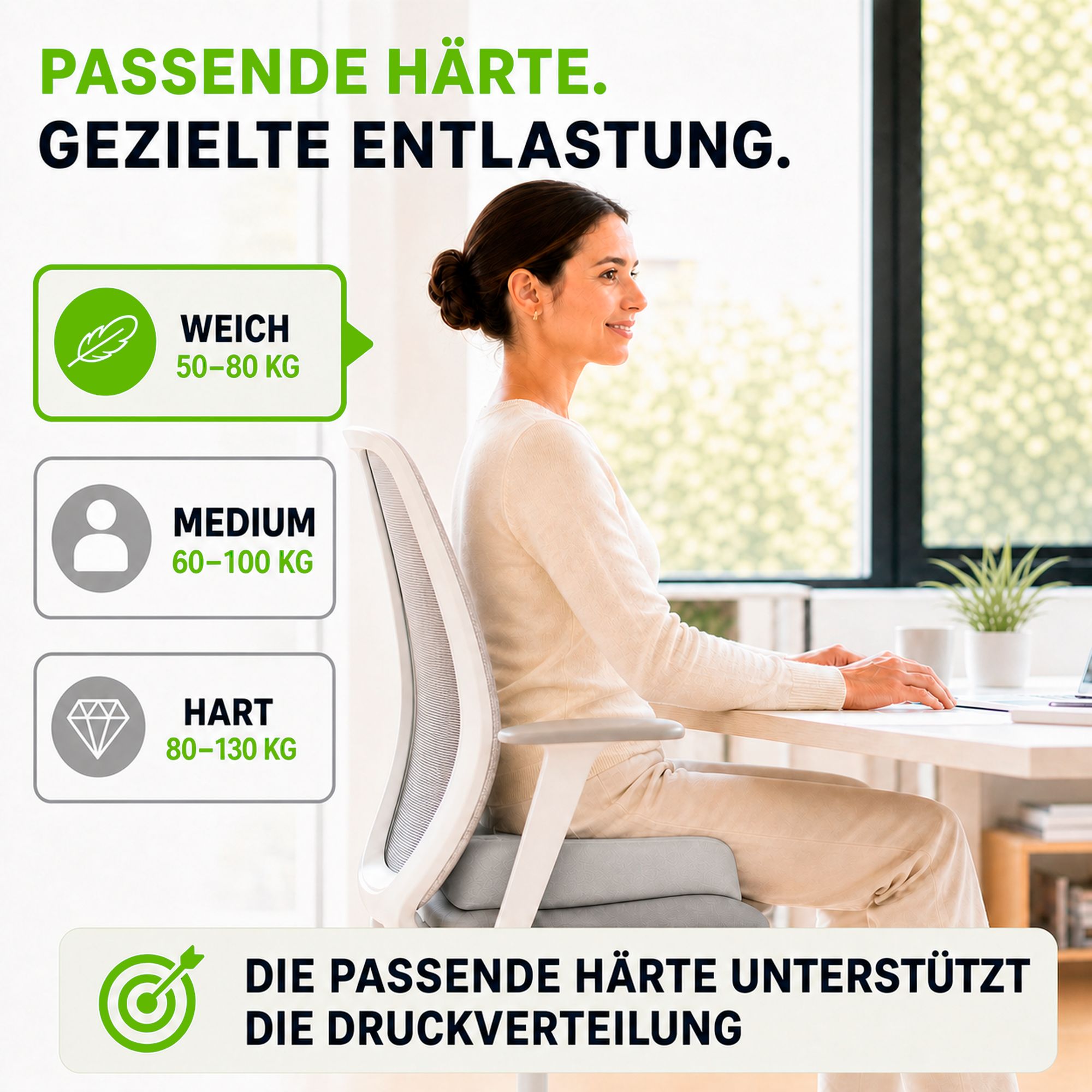 Frau sitzt am Schreibtisch. Härtegrad-Auswahl: Weich (50-80kg), Medium (60-100kg), Hart (80-130kg).