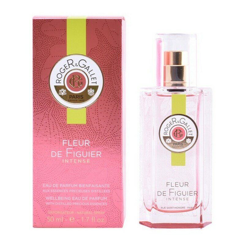 Rosa Flakon mit gelbem Streifen und Schriftzug FLEUR DE FIGUIER. Daneben eine rosa Schachtel mit Logo und Produktbezeichnung.