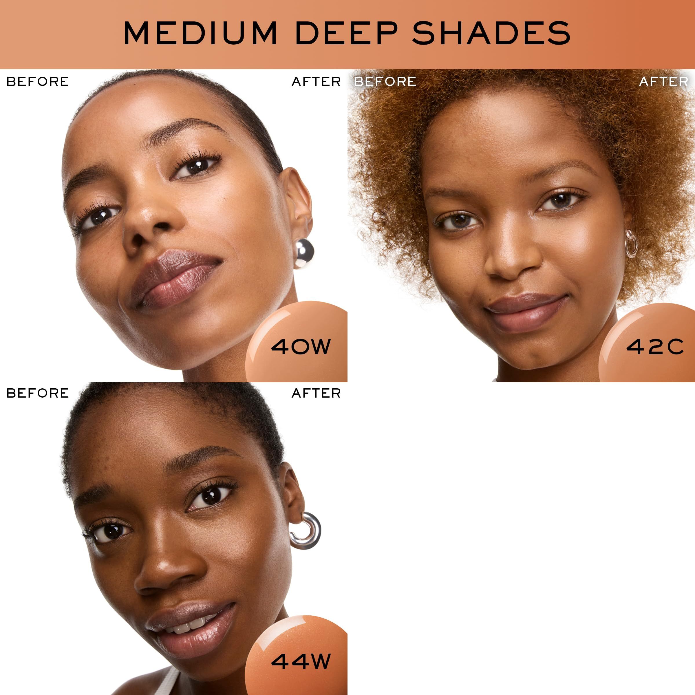 Vorher-Nachher-Vergleich. Frauen mit Make-up. Farbtöne: 40W, 42C, 44W. Text: Mittlere bis tiefe Farbtöne.