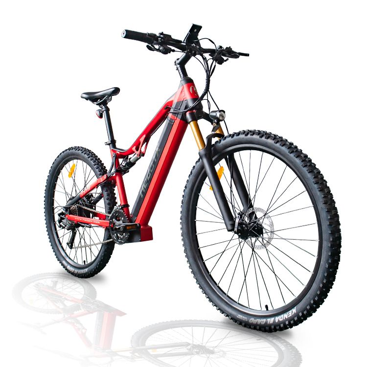 Rotes E-Mountainbike, Frontansicht. Schwarze Reifen, Gabel und Lenker. HedaTX TX19 Schriftzug. Gelbe Reflektoren. Schwarzer Sattel.