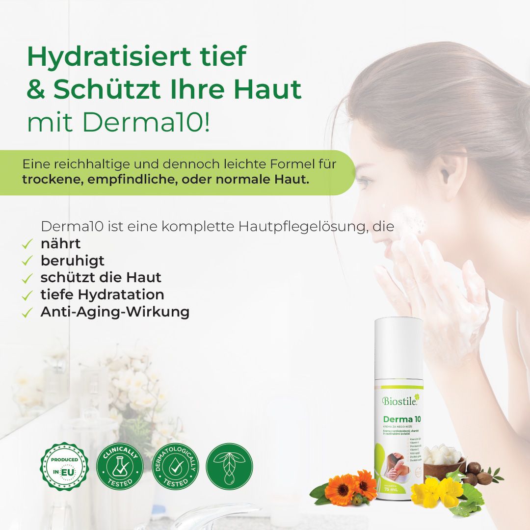 Produktflasche mit Text und Grafiken. Text: Hydratisiert tief & schützt Ihre Haut mit Derma10! Reichhaltige Formel für trockene Haut. Enthält Inhaltsstoffe.