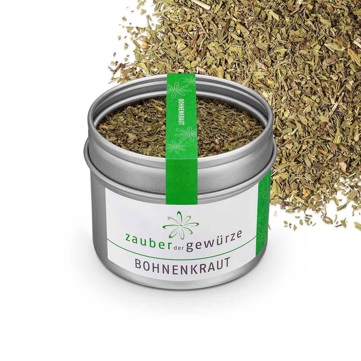 Geöffnete Dose Bohnenkraut. Weißes Etikett mit Logo und Schriftzug 'Zauber der Gewürze Bohnenkraut'. Grüner Streifen mit 'Bohnenkraut'.