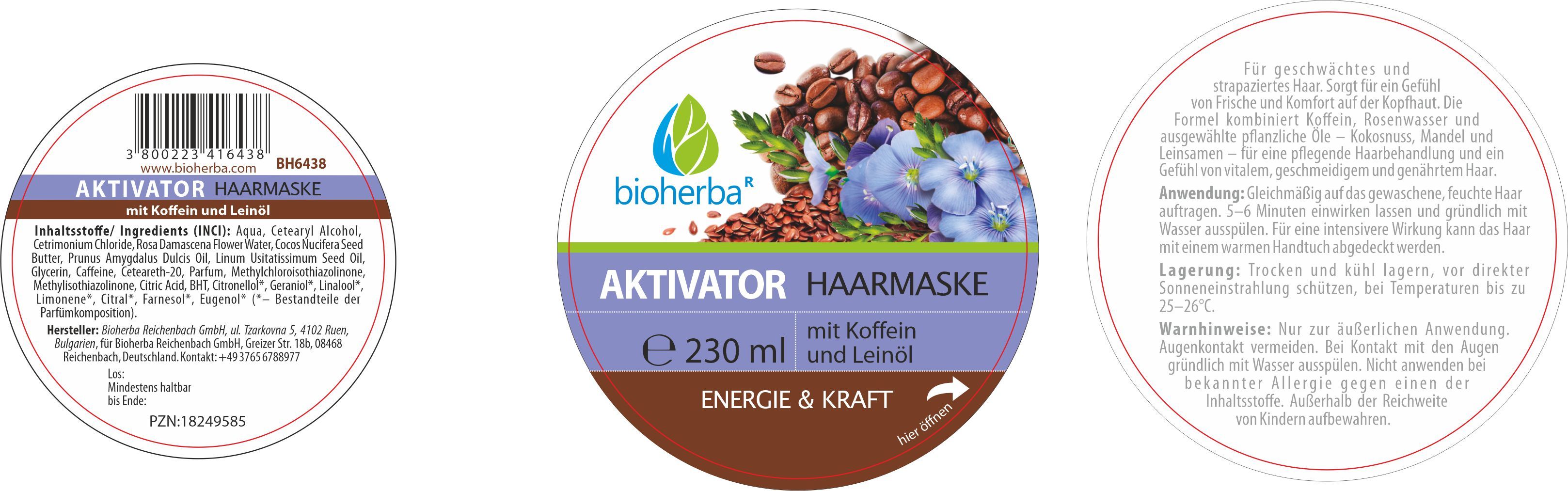 Runde Dose mit Deckel. Aufschrift: Aktivator Haarmaske mit Koffein und Leinöl. 230 ml. Logo Bioherba. Braune und blaue Elemente.