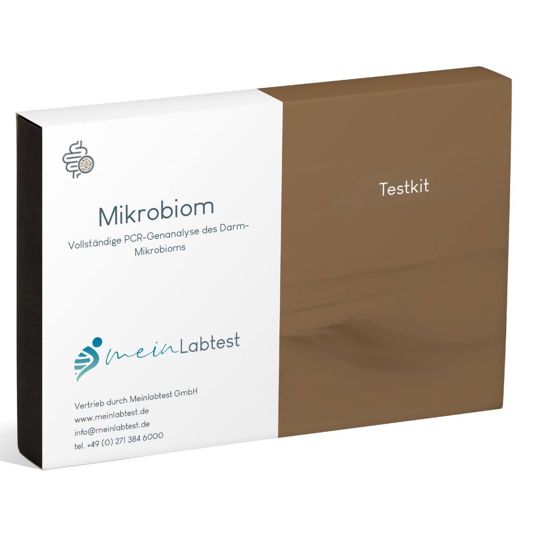 Box mit Meinlabtest Mikrobiom-Test. Weiß-braune Verpackung mit Logo und Text. Aufschrift: Testkit.