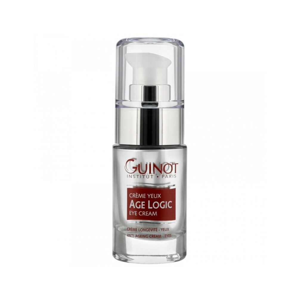 Serumflasche mit Pumpe. Aufschrift: Guinot, Age Logic, Eye Cream. Text darunter: Crème Yeux.