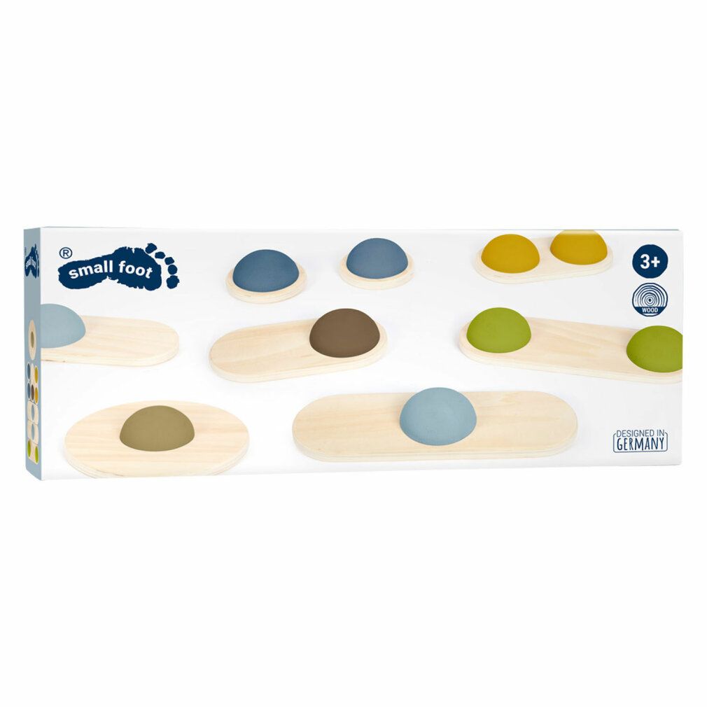 Verpackung von Balanceboards. Box mit Produktabbildung und 'small foot' Logo.