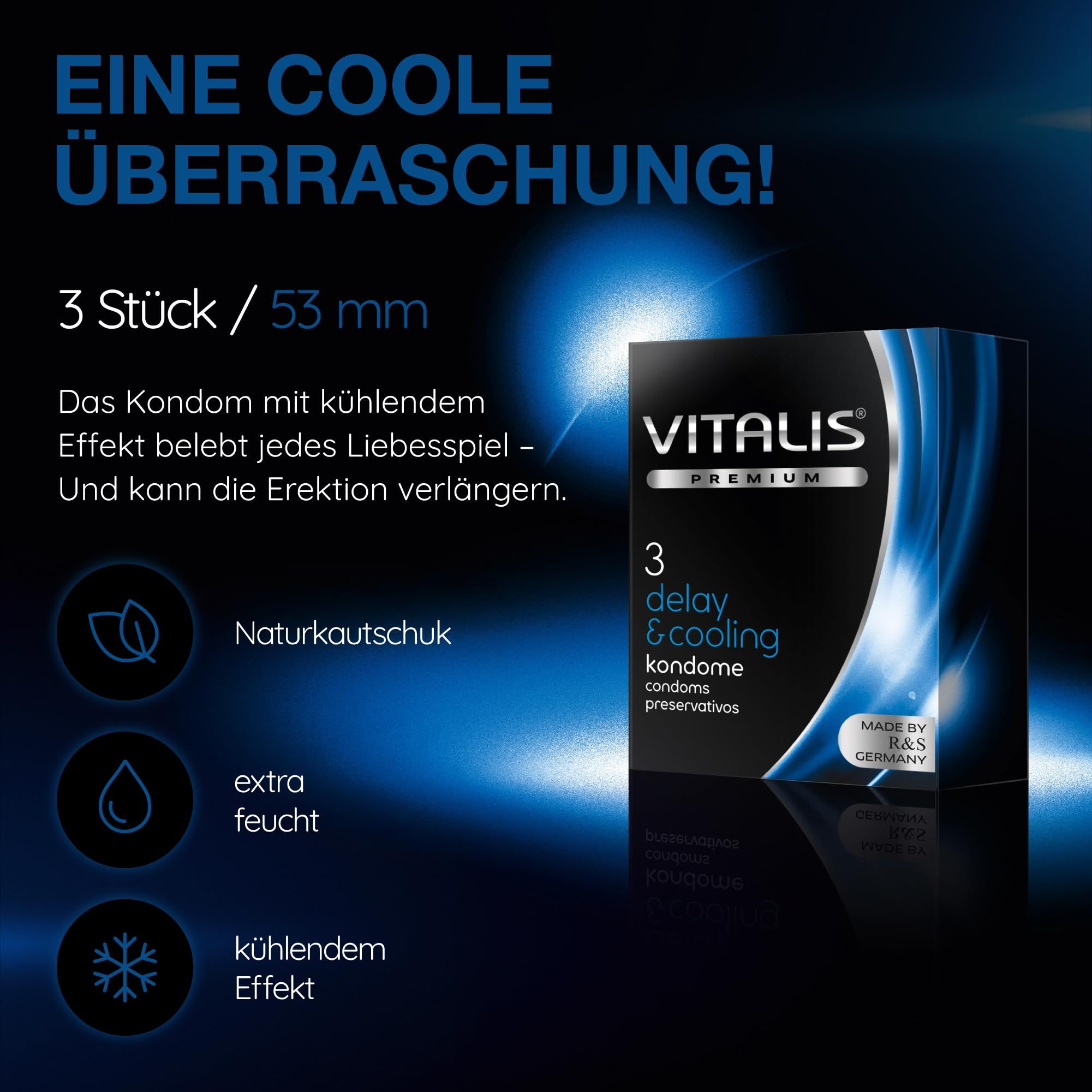 Vitalis PREMIUM Delay & Cooling Kondome: 3 Stück, 53mm. Naturkautschuk, extra feucht, kühlender Effekt.