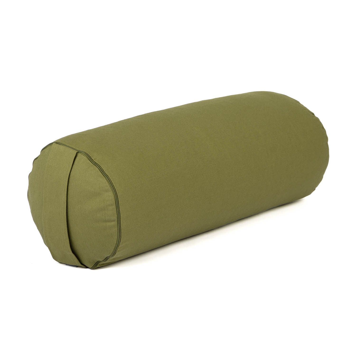 Zylindrisches Yoga-Bolster, olivgrün. Rundes Kissen mit abgerundeten Enden. Stoffbezug.