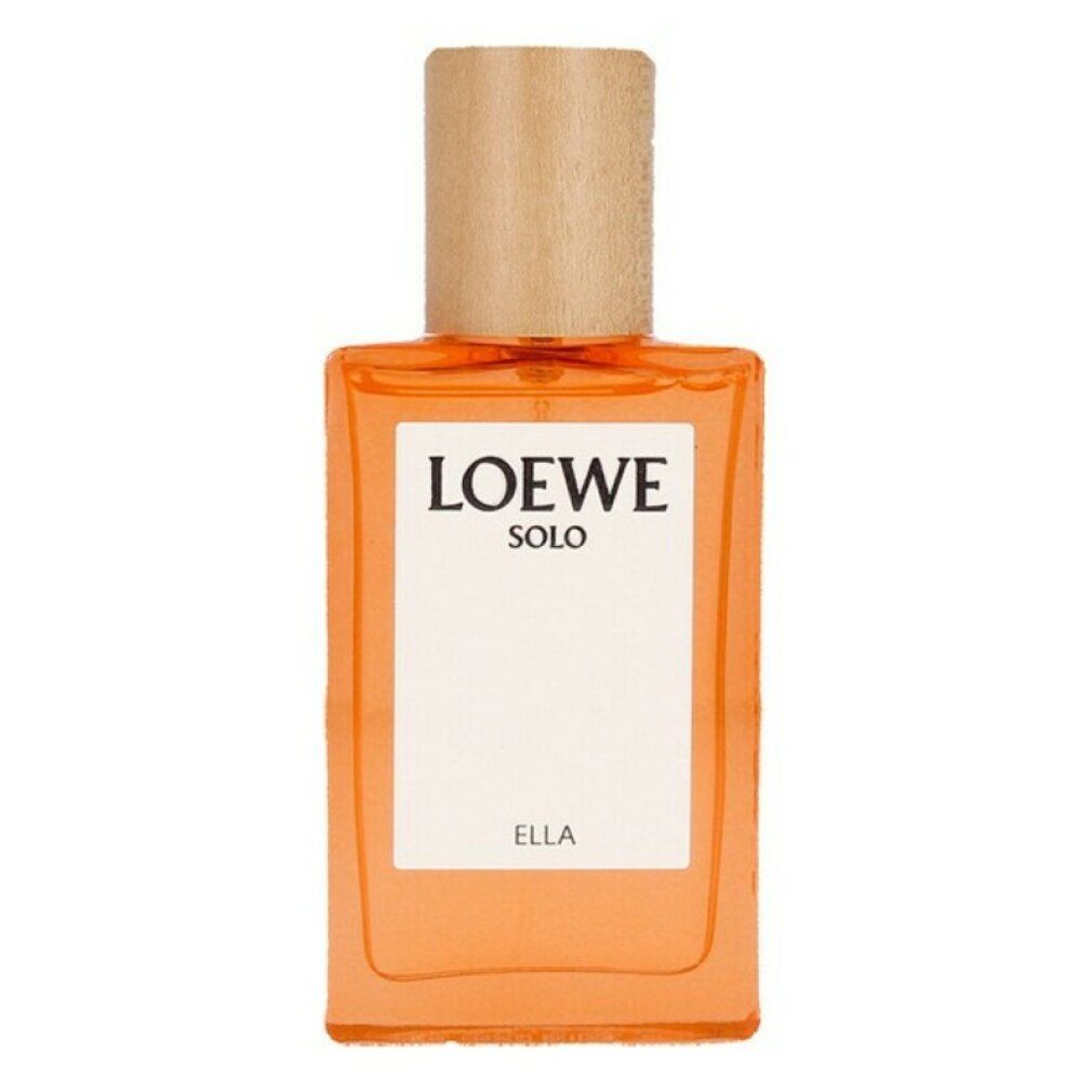 Loewe Solo Ella Eau de Parfum Spray. Rechteckiger Flakon mit Holzverschluss. Produktname und 'Ella' auf weißem Etikett sichtbar.