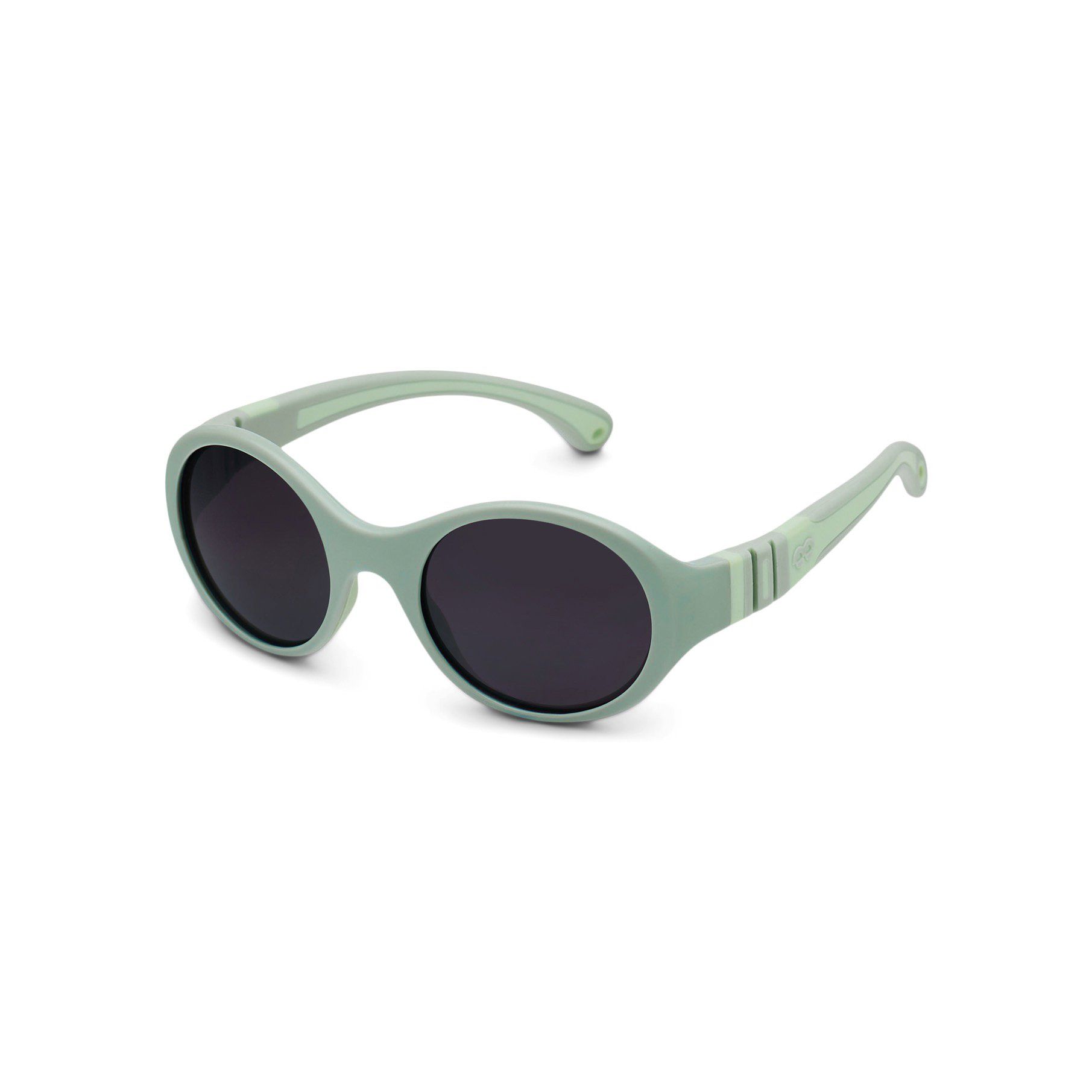Grüne Sonnenbrille für Kinder. Runde Gläser, dunkle Tönung. Bügel und Nasenpads.