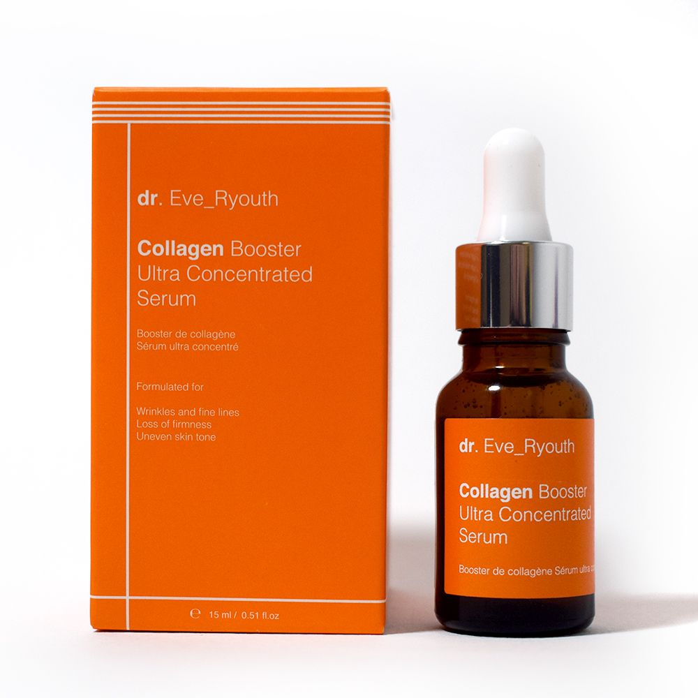 Braunes Glasfläschchen mit Pipette und orangefarbener Faltschachtel. Beide mit weißer Schrift: Collagen Booster Ultra Concentrated Serum.