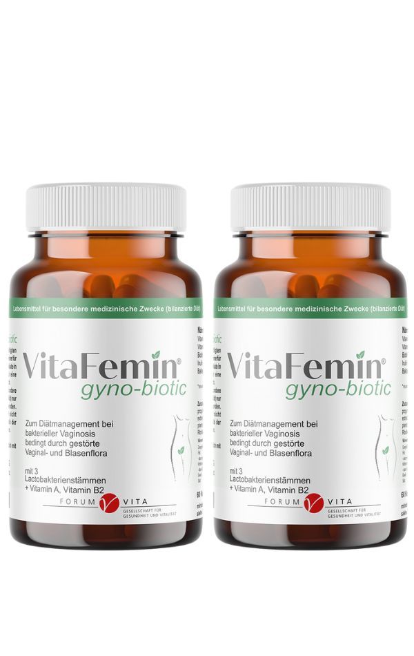 Zwei Flaschen VitaFemin gyno-biotic. Braune Glasflaschen mit weißem Deckel und Etikett. Text: VitaFemin gyno-biotic, bei bakterieller Vaginosis.