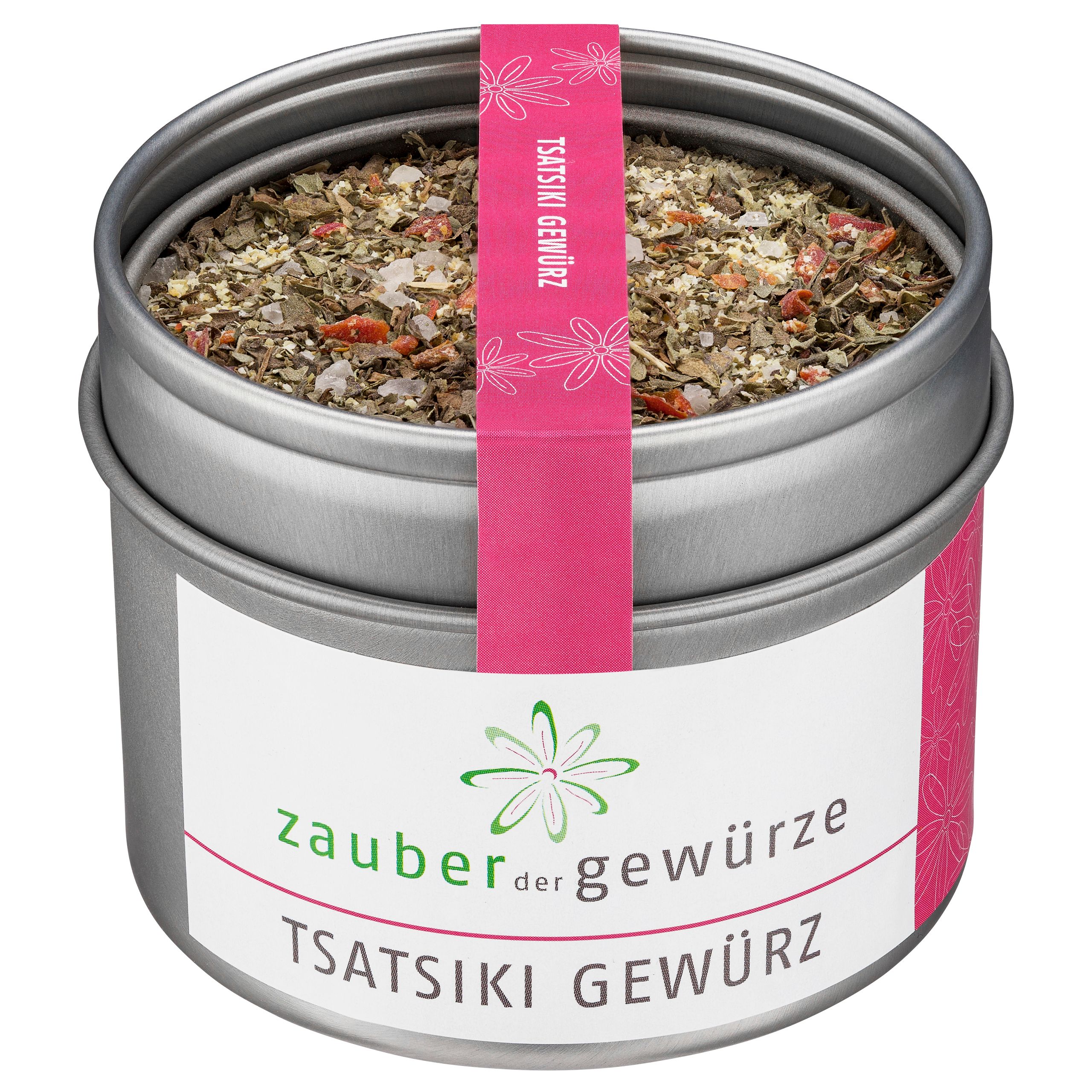 Runde Dose mit Tsatsiki Gewürz. Rosa Etikett mit Produktnamen. Offene Dose mit Gewürzmischung.