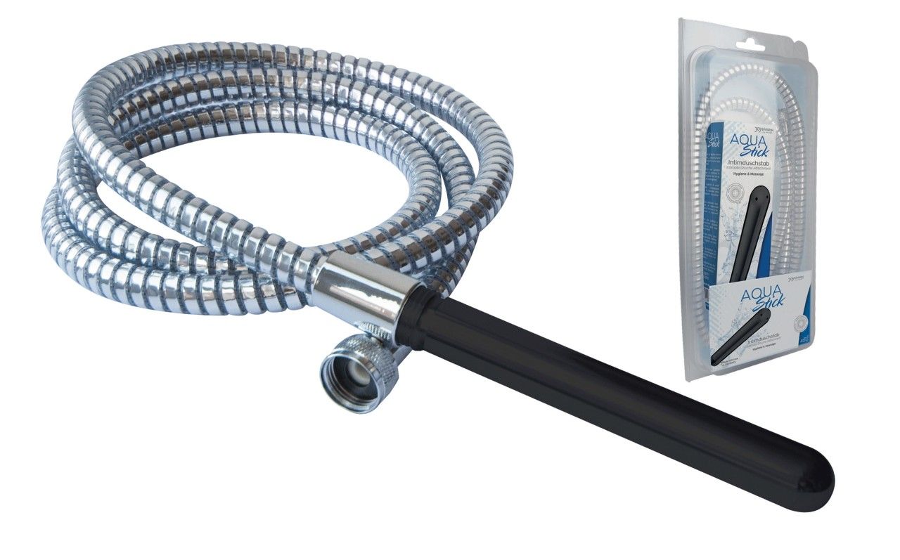 Intimduschstab schwarz mit Schlauch. Metallschlauch, schwarzer Griff, in Blisterverpackung.