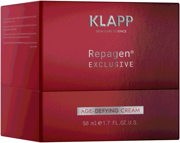 Rote Klapp Repagen Exclusive Global Anti-Age Cream Verpackung. Schriftzug: Klapp, Repagen Exclusive, Age-Defying Cream. 50 ml.