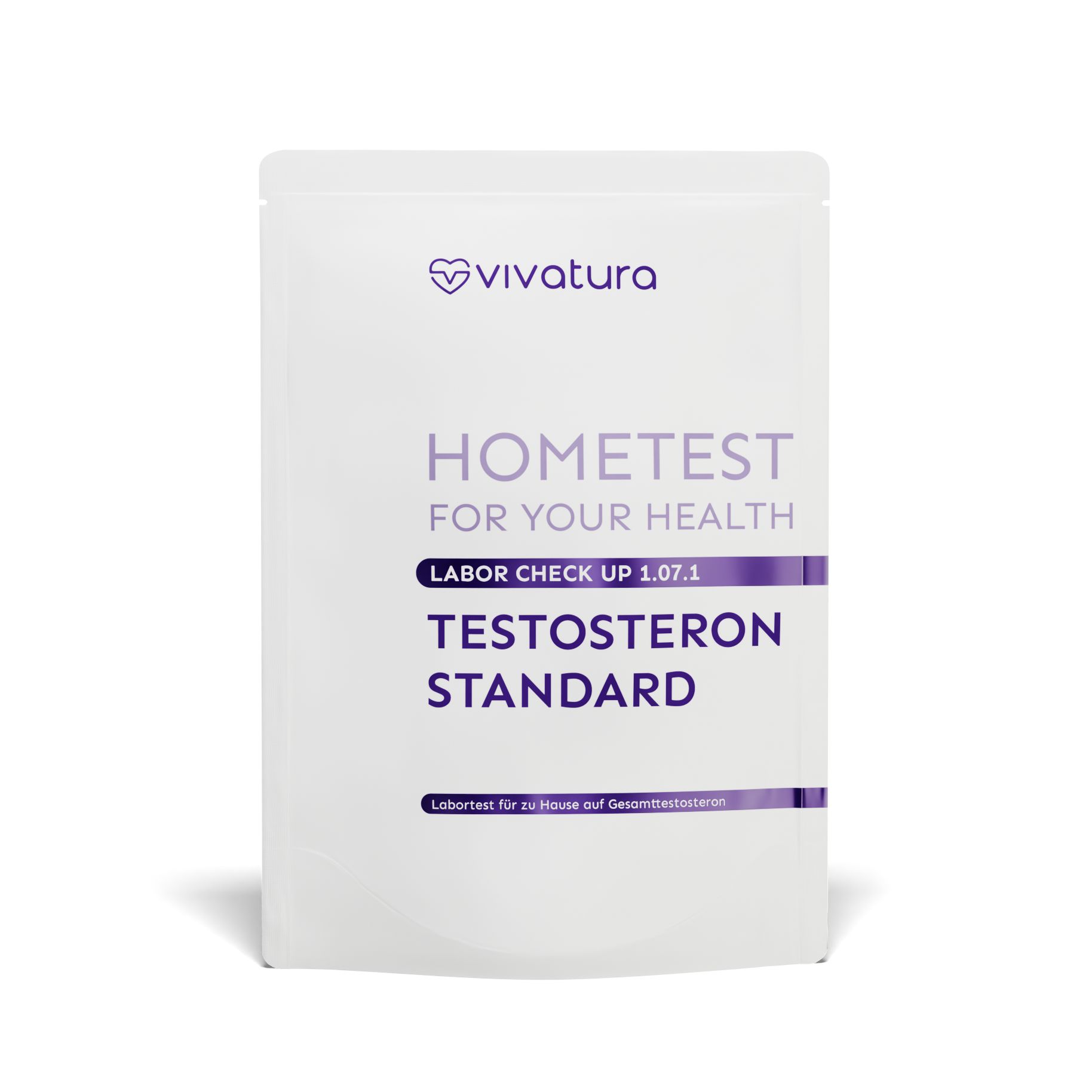 Weißer Beutel mit vivatura Logo und Aufschrift HOMETEST. Text: TESTOSTERON STANDARD. Laborcheck für Gesundheitstester.