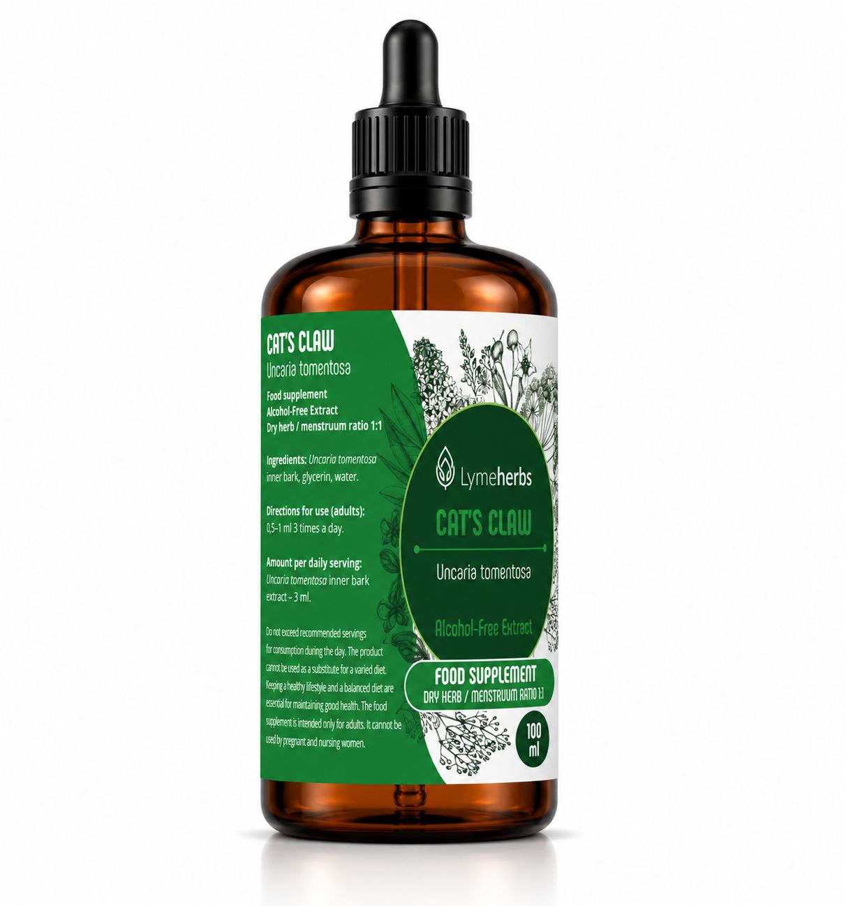Lymeherbs Katzenkralle alkoholfreier Extrakt 1:1, 100ml, Braunglasflasche mit Pipette und detaillierter Beschriftung.