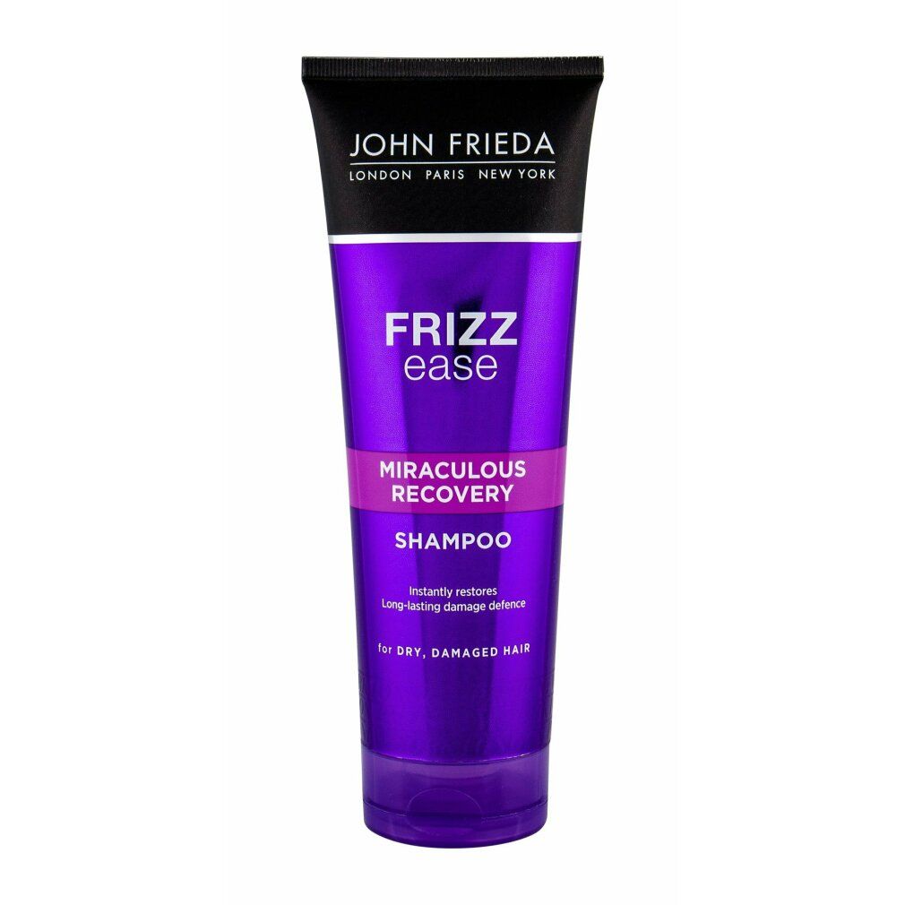 Violette Tube mit schwarzem Deckel. Aufschrift: John Frieda, Frizz Ease, Miraculous Recovery Shampoo. Für trockenes, geschädigtes Haar.