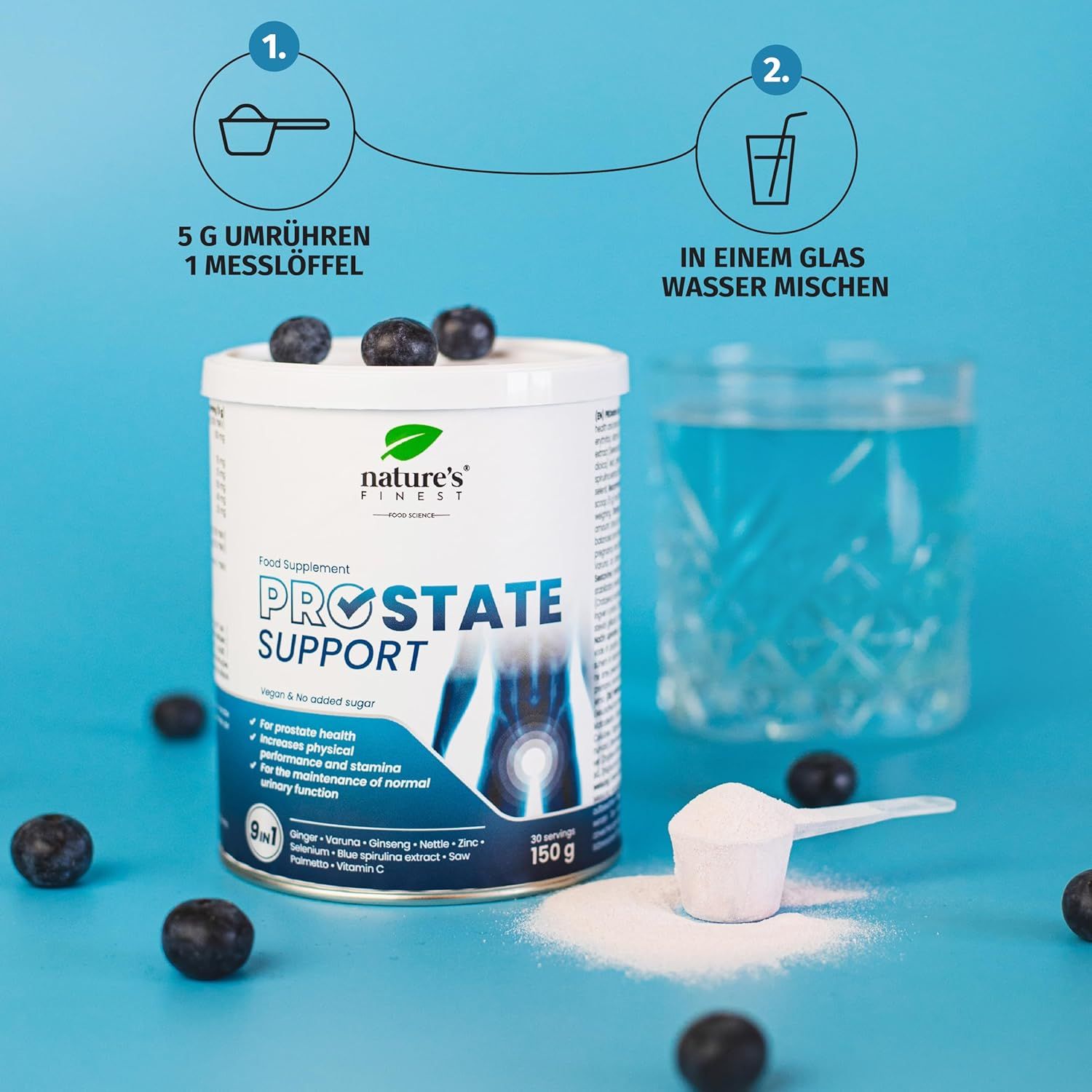 Anleitung: 5g in Wasser mischen. Dose mit Nahrungsergänzungsmittel, Messlöffel, Glas Wasser, Blaubeeren. Aufschrift: Prostate Support.