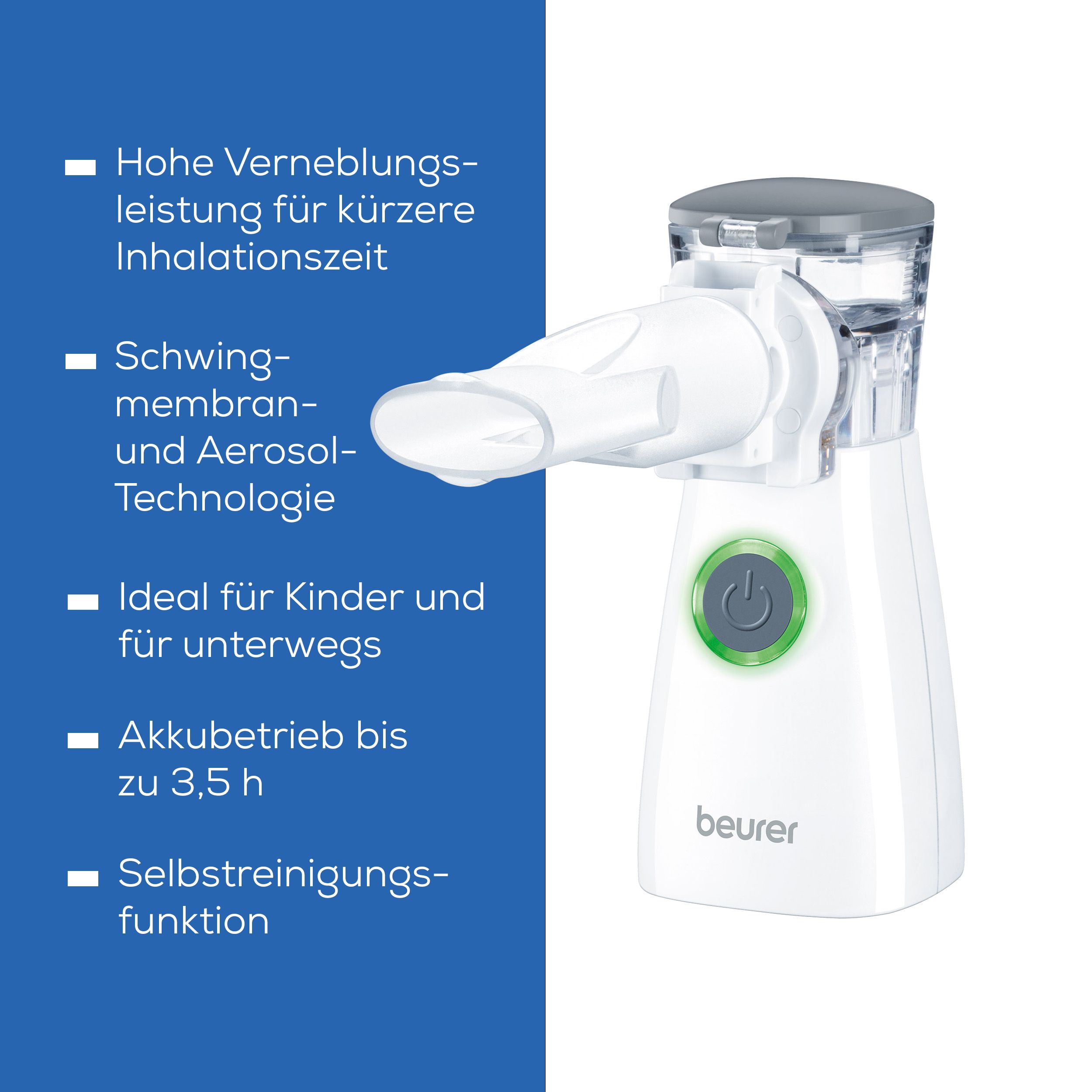 Beurer IH 57 Inhalator. Weißes Gerät mit Mundstück, Zubehör und Testsiegel.