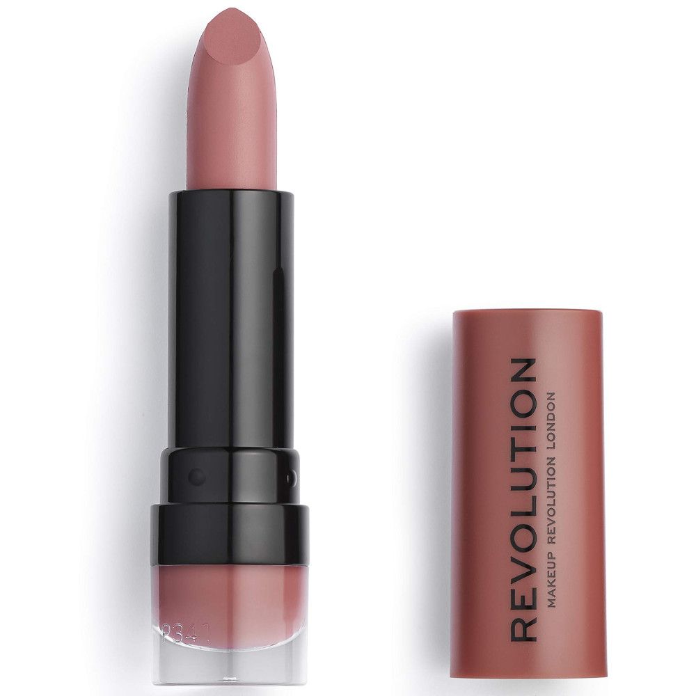 Lippenstift, geöffnet. Schwarzer Schaft, rosafarbener Lippenstift. Daneben die Kappe mit Aufschrift "REVOLUTION MAKEUP REVOLUTION LONDON".