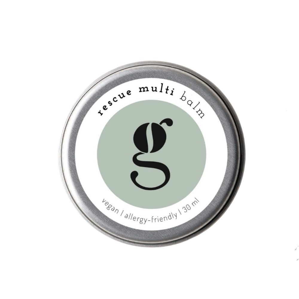 Runde Metall-Dose mit weißem Etikett. Aufschrift: rescue multi balm, vegan, allergy-friendly, 30 ml. Zentrales Logo: schwarzes g auf grünem Kreis.