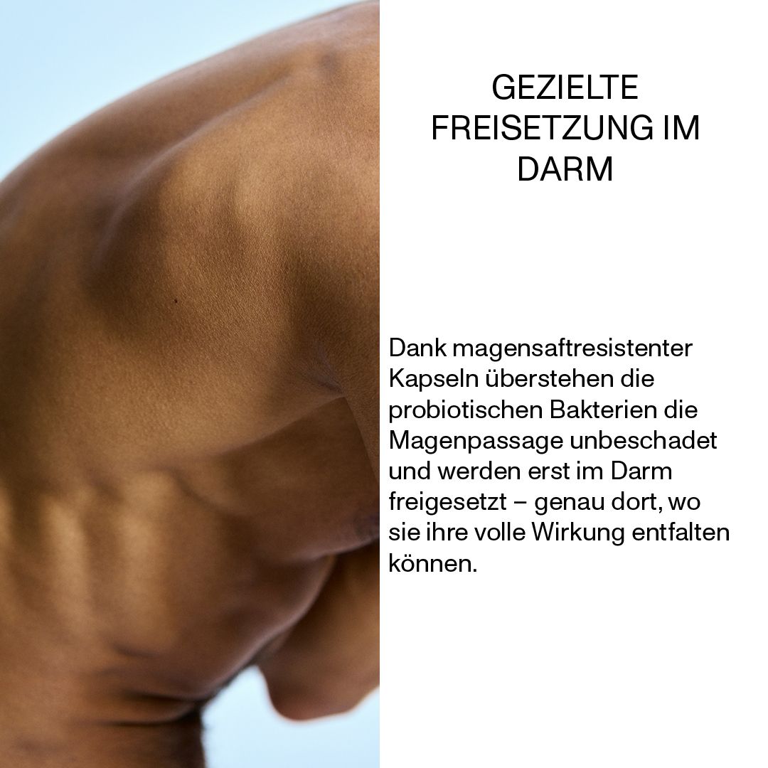 Oberkörper einer Person. Text: Gezielte Freisetzung im Darm. Kapseln überstehen die Magenpassage. Wirkung im Darm.