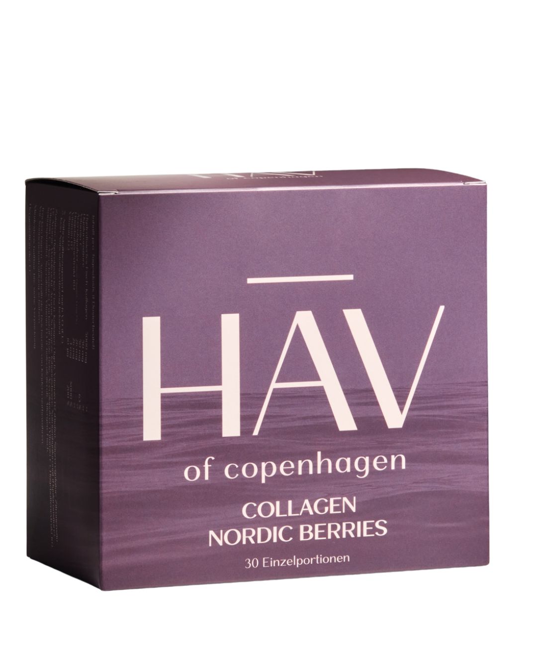 Lila Schachtel mit weißem Text: HAV of Copenhagen, Collagen Nordic Berries, 30 Einzelportionen.