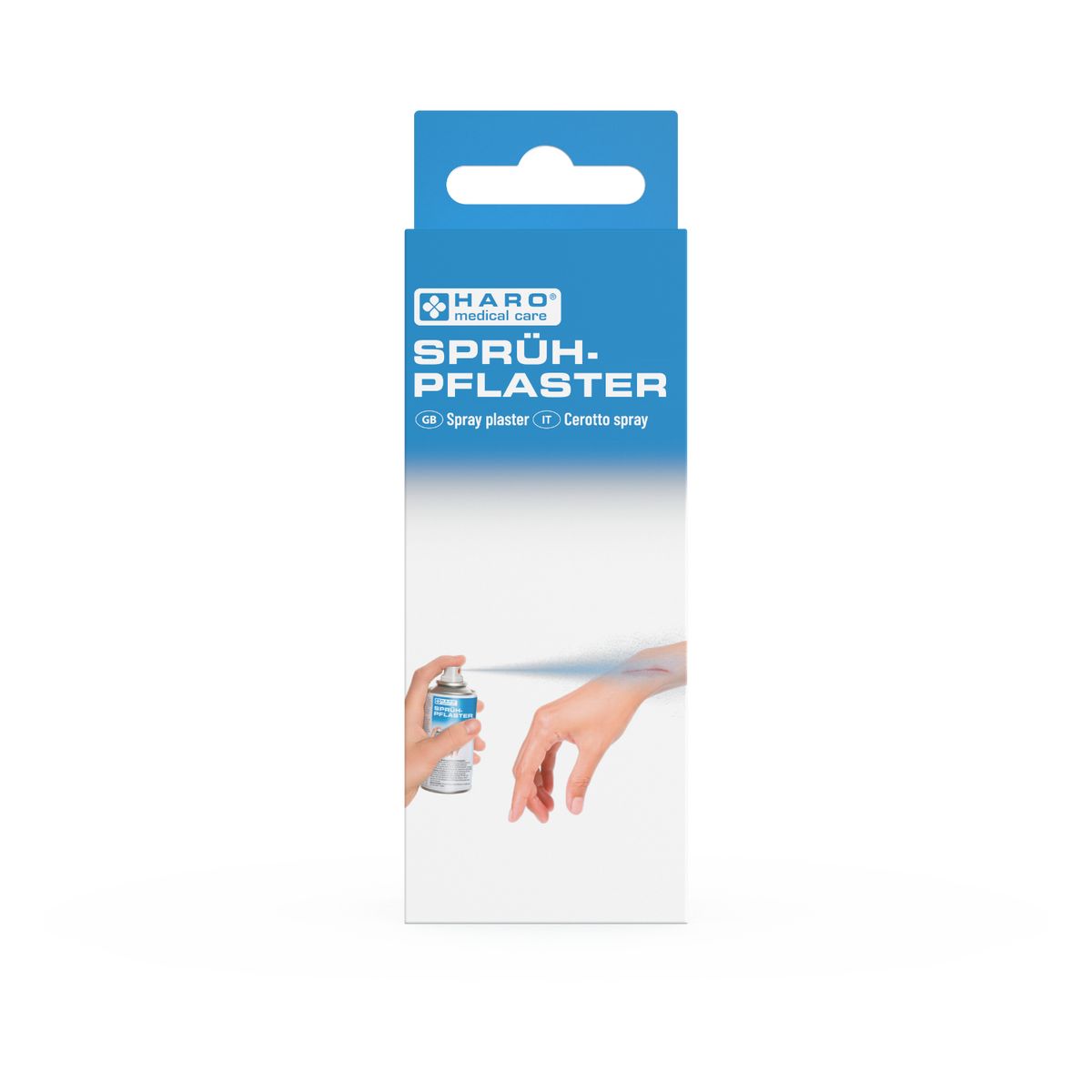 Haro Sprühpflaster-Verpackung. Blaue und weiße Schachtel mit Produktnamen und Logo. Eine Hand sprüht das Produkt auf eine andere Hand.