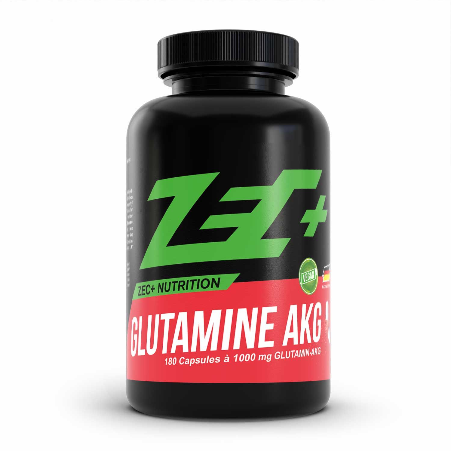 Schwarze Flasche mit grünem und rotem Etikett. Aufschrift: ZEC+ Nutrition, Glutamine AKG, 180 Kapseln.