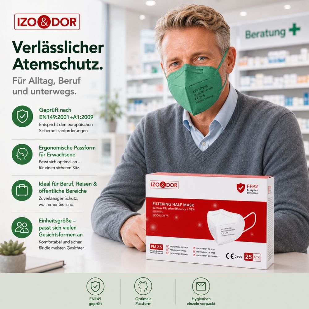 Mann trägt grüne FFP2-Maske. Verpackung daneben, CE 2195, 5-lagiger Schutz, ergonomisch.