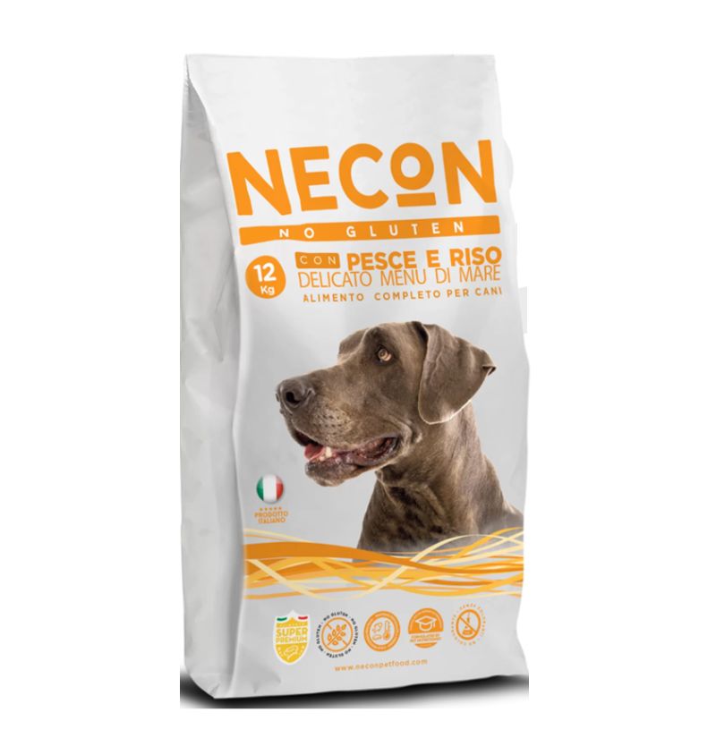 Hundefutterbeutel mit Aufschrift NECON, ohne Gluten, mit Fisch und Reis. Abbildung eines Hundes. 12 kg.